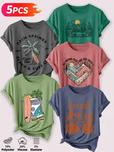 5Pcs Women's Crew Neck T-Shirt, Palm Springs Beach Cycling Series Print, Multiple Colors Available, Machine Washable, Spring & Summer Tops, Soft Skin-Friendly Fabric, Daily Versatile, Fashion Design