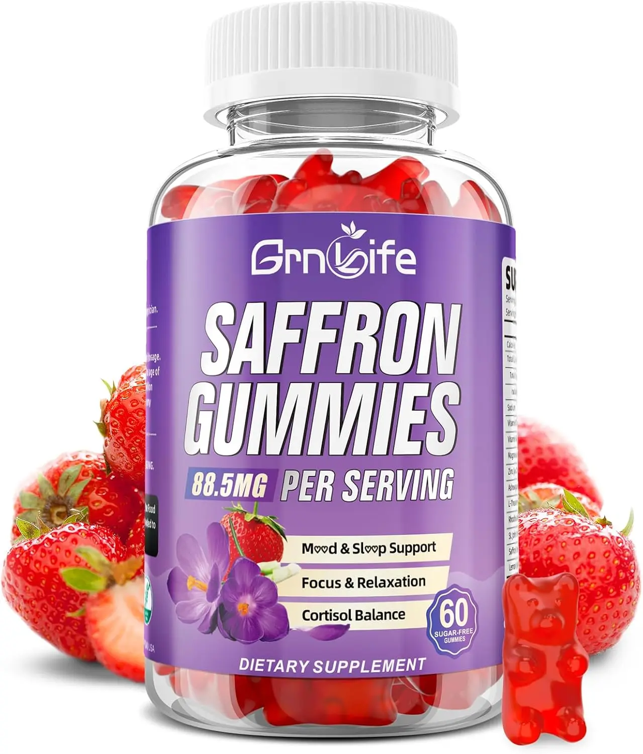 Saffron Gummies for Kids & Adults, 10-in-1 Cortisol Supplement with Saffron 88.5mg, Vitamin D3, B6, Magnesium, Zinc, Ashwagandha, L-Theanine, St. John's Wort, for Emotions, Zzz, 60 Count