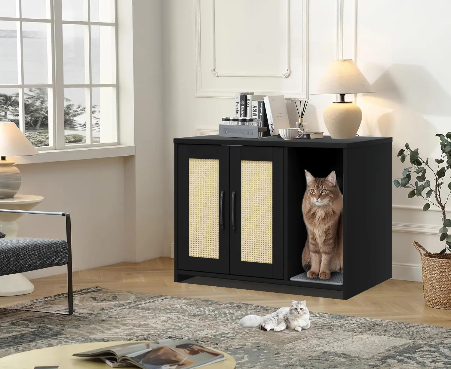 Cat Litter Box Enclosure,Cat Litter Box Enclosure Furniture,Hidden Litter Box Cabinet Furniture,Wooden Cat Washroom, Storage Cabinet, Indoor Pet House,Black,Natural