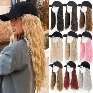 16inch Hat Wig For Women Baseball Cap With Hair Extensions Long Wavy Curly Black Hat Wig Adjustable Hat With Synthetic Hair for Daily