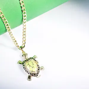 Unisex 14 Karat Gold Laminated Turtle Pendant Necklace, 3MM Cuban Chain, Green Enamel, Sparkling Accents, Multiple Lengths (16, 18, 22 in)