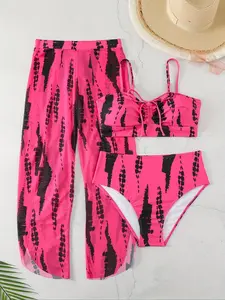 Plus Size All Over Print Bikini Set, Adjustable Strap Ruched Swim Top & Swim Panty & Cover Up Pants Set, Women's Swimwear for Beach Holiday Vacation