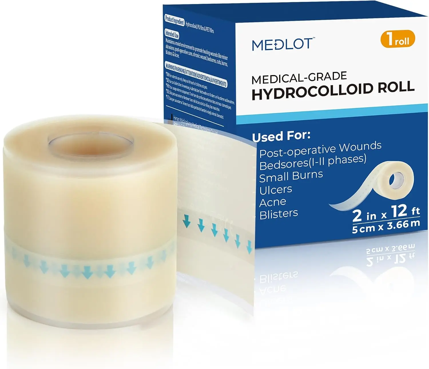 Hydrocolloid Roll for Wound Care, 2in x 12ft, Medical Grade Hydrocolloid Bandages, Pimple Patch Roll, Colloidal Dressing Tape for Acne, Blister, Burn, Scrapes, Cut to Size, Waterproof, Large