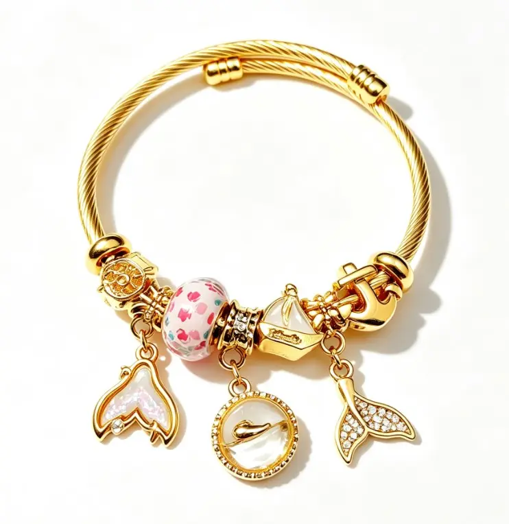 Ocean Mermaid Gold Cable Bangle Bracelet, Pink Floral Glass Bead with Sailboat & Mermaid Tail Charms, Luxury Beaded Jewelry Gift for Women
