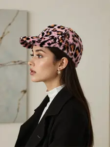 Adjustable Leopard Print Faux Fur Hunter Hat, Winter Warm Cap with Curved Brim, Unisex Animal Print, Animal Hats //light