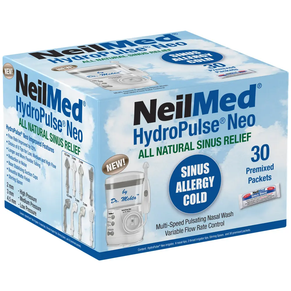 NeilMed HydroPulse Neo Multi-Speed Pulsating Nasal & Sinus Irrigation System – Variable Flow Control, 6 Tips, 30 Premixed Rinse Packets, Upgraded Flow