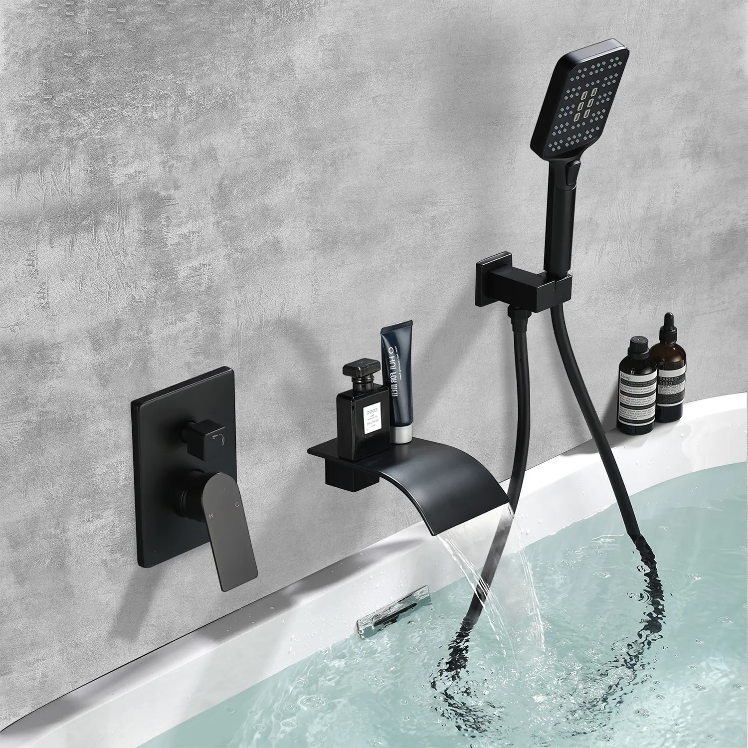 Waterfall Bathtub Faucet Set with 3-Setting ABS Hand Sprayer, 2 In 1 Single Handle Wall Mount Tub Filler with Handheld Shower in Matte Black, Brushed Nickel, Brushed Gold