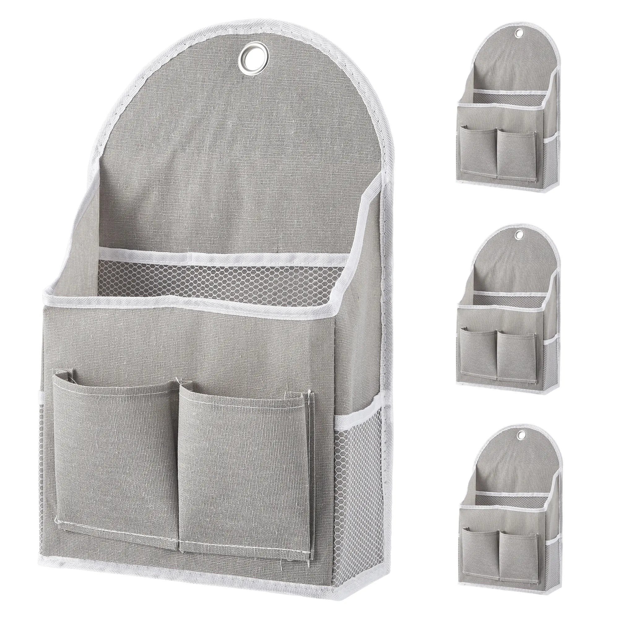 4 Pack Wall Hanging Storage Organizer, Cotton Linen Wall Pocket Bags with Waterproof Coating, Metal Grommet Hooks, Front Pockets & Side Mesh Pockets