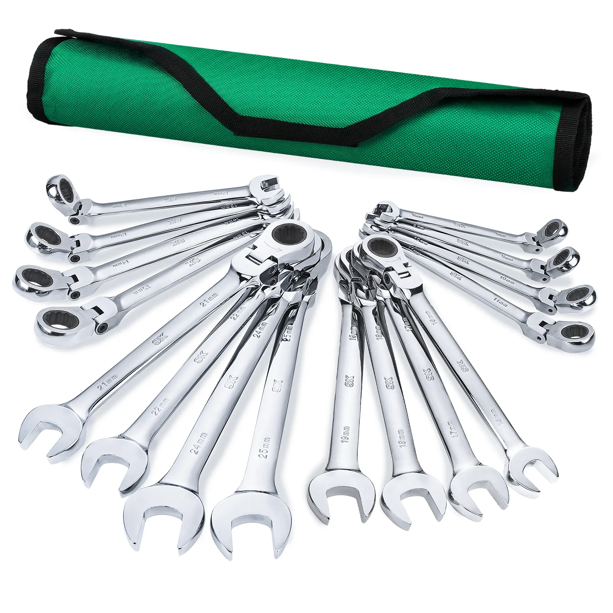 #backtoschool SK Flex-Head Ratcheting Wrench Set, Combination Wrench Set, 16-Pack, Metric 8 to 25mm, 72-Tooth, Premium CR-V Construction, with Rolling Pouch