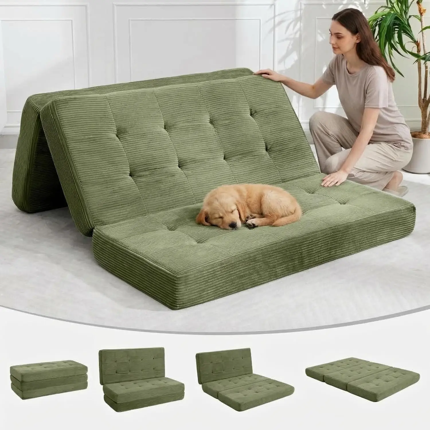 4-in-1 Portable Tri-Fold Sofa Bed Mattress, 6 Inch Comfortable Floor Lounger for Guest Room Dorm Camping, Bedrooms, Living Rooms, RVs, Camping, 39"x75"