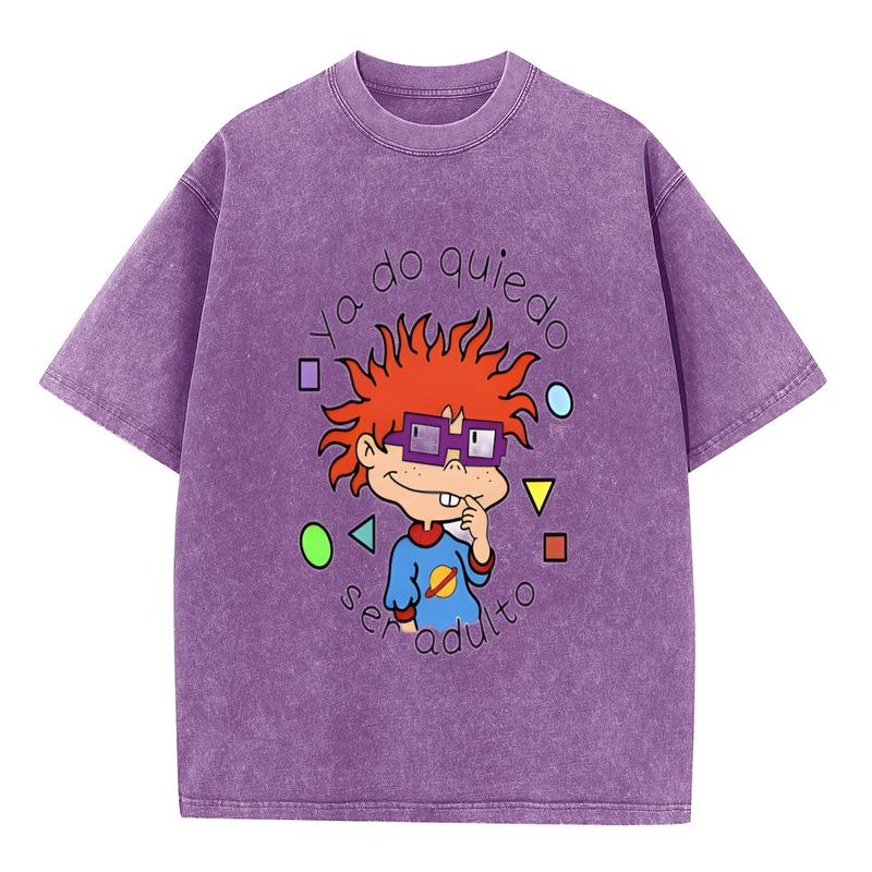Women's Plus Size Acid Wash Combed Cotton T-Shirt - Funny "Don't Wanna Be Adult" Cartoon Graphic Top, Vintage Oversized Short Sleeve Crew Neck Curvy Fit Tee for Casual, Beach Wear