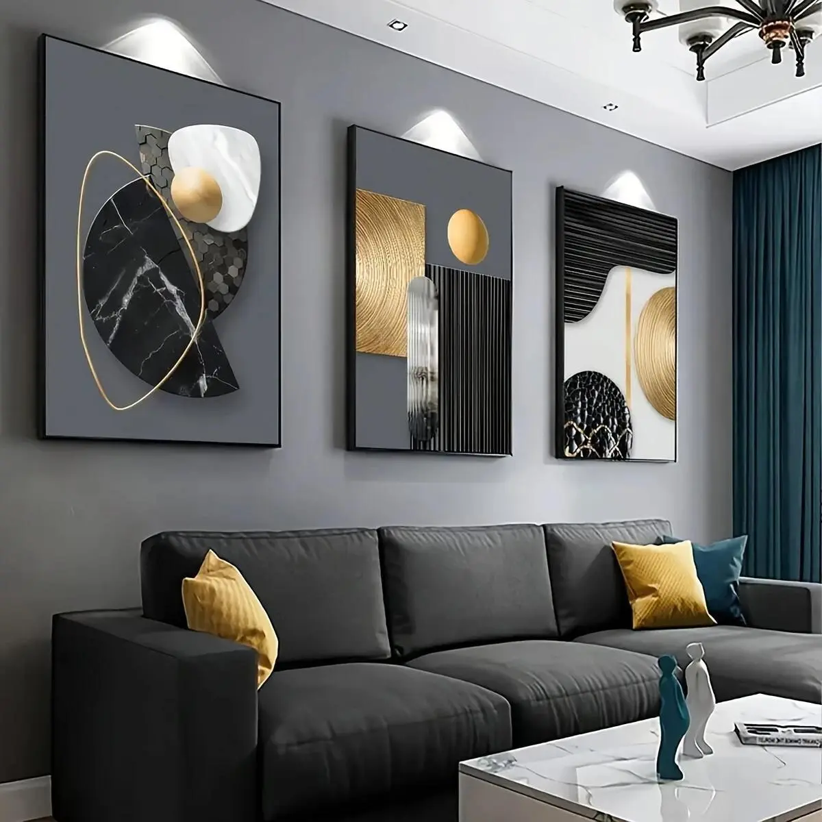 3-Piece Irregular Pattern Wooden Frame Abstract Wall Art Canvas Print Set, Modern Art Design Decoration Items for Living Room, Bedroom Indoor Wall Home Decor