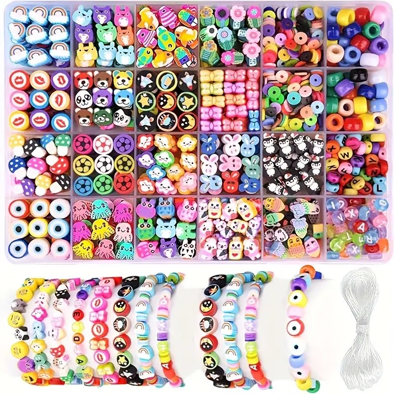 1000pcs Polymer Clay Bead Bracelet Making Kit, 24 Styles Cute Fun Fruit Flower Animal Beads, Jewelry Craft Supplies, Bead Assortment