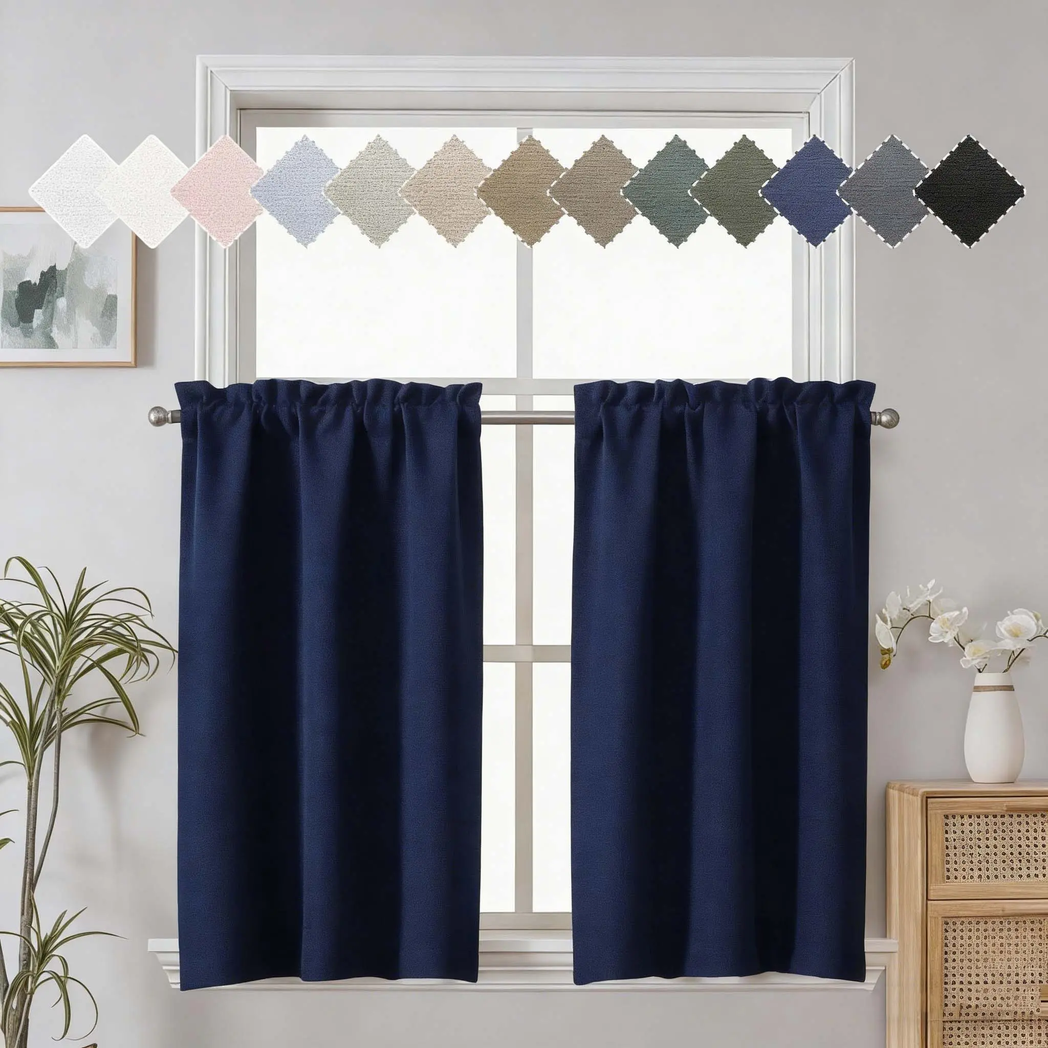 Three-piece set microfiber semi-transparent rod pocket style kitchen curtain set suitable for kitchen, living room or bathroom