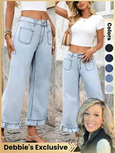 Women's Casual Denim Jeans, Elastic Waistband No Stretch, Loose Fit Plain Design, All-Season Fashion Pants for Daily Wear