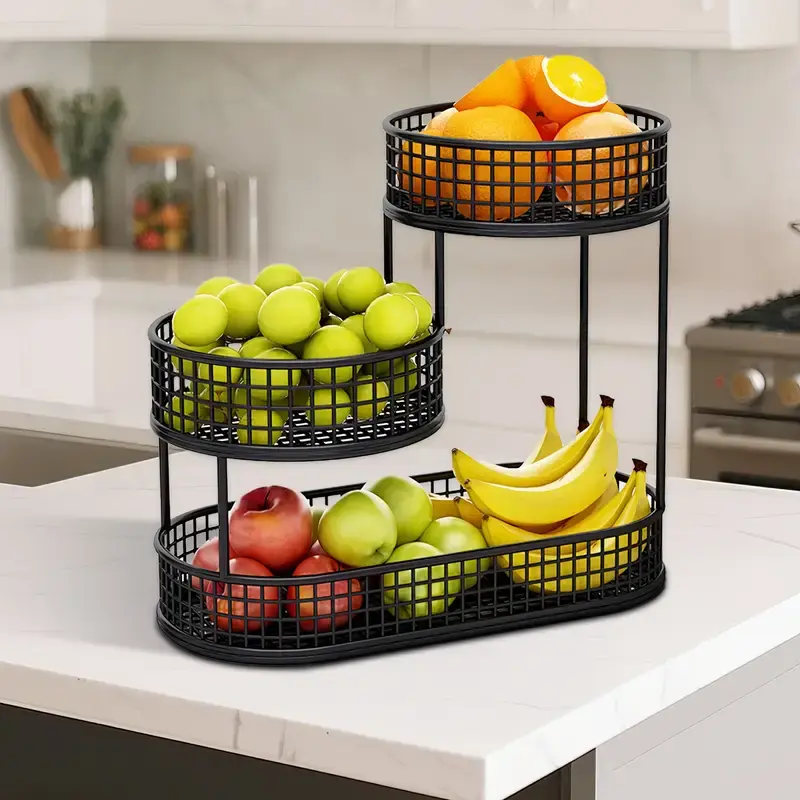 3-Tier Black Metal Kitchen Fruit Basket Organizer with hook, Rust-Resistant Tiered Countertop Storage for Fruits & Vegetables, Space-Saving Kitchen Counter Rack