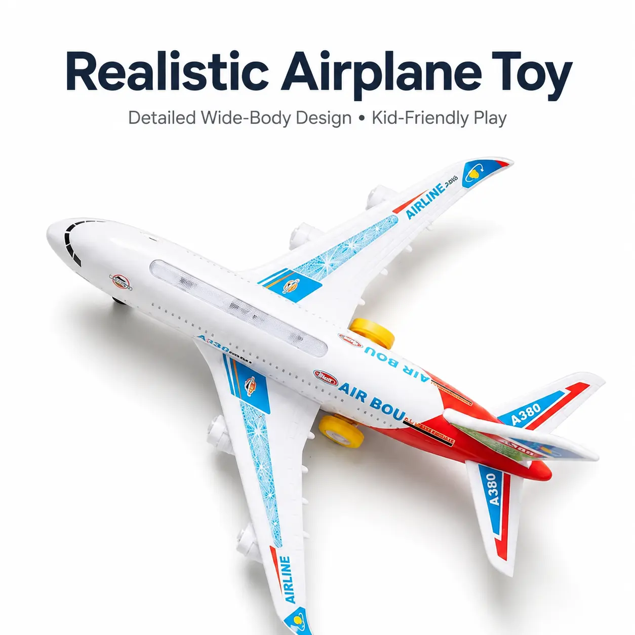 Electric A380 Airplane Toy for Kids with LED Lights & Realistic Sounds, Bump and Go Auto Turn Passenger Jet Aircraft Model, Gift for Boys Girls
