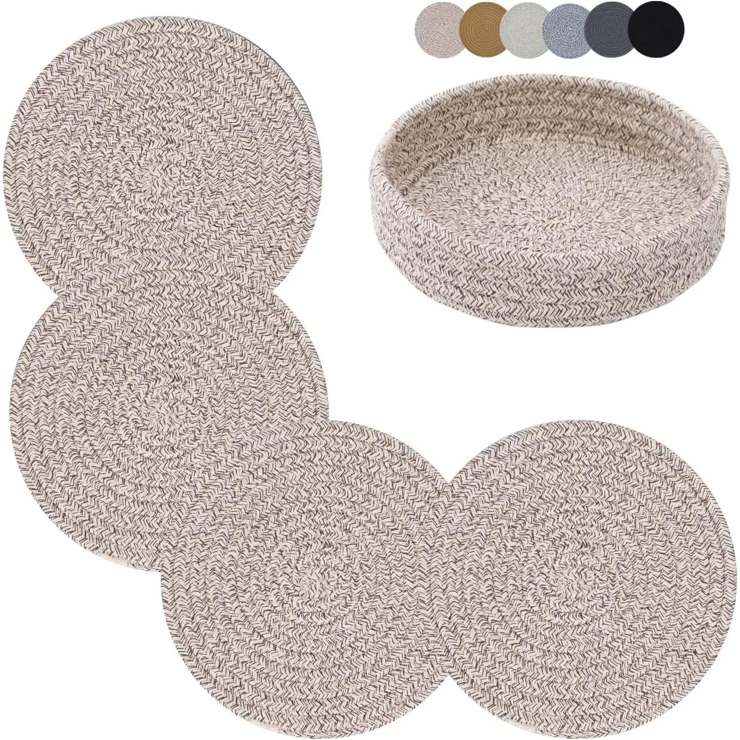 Trivets for Hot Dishes, Trivets for Hot Pots and Pans, 7 Inchs Hot Pads 4 count and Storage Basket for Countertops, Pot Holders for Kitchen, Cotton Table Protector Hot Mats Heat Resistant (Brown)