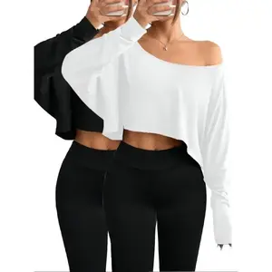 Women’s solid-color off-shoulder T-shirt, casual long-sleeve crop top, suitable for daily wear, vacations, and outdoor activities; women’s clothing for all seasons; basic black and white outdoor top GARMENTARY