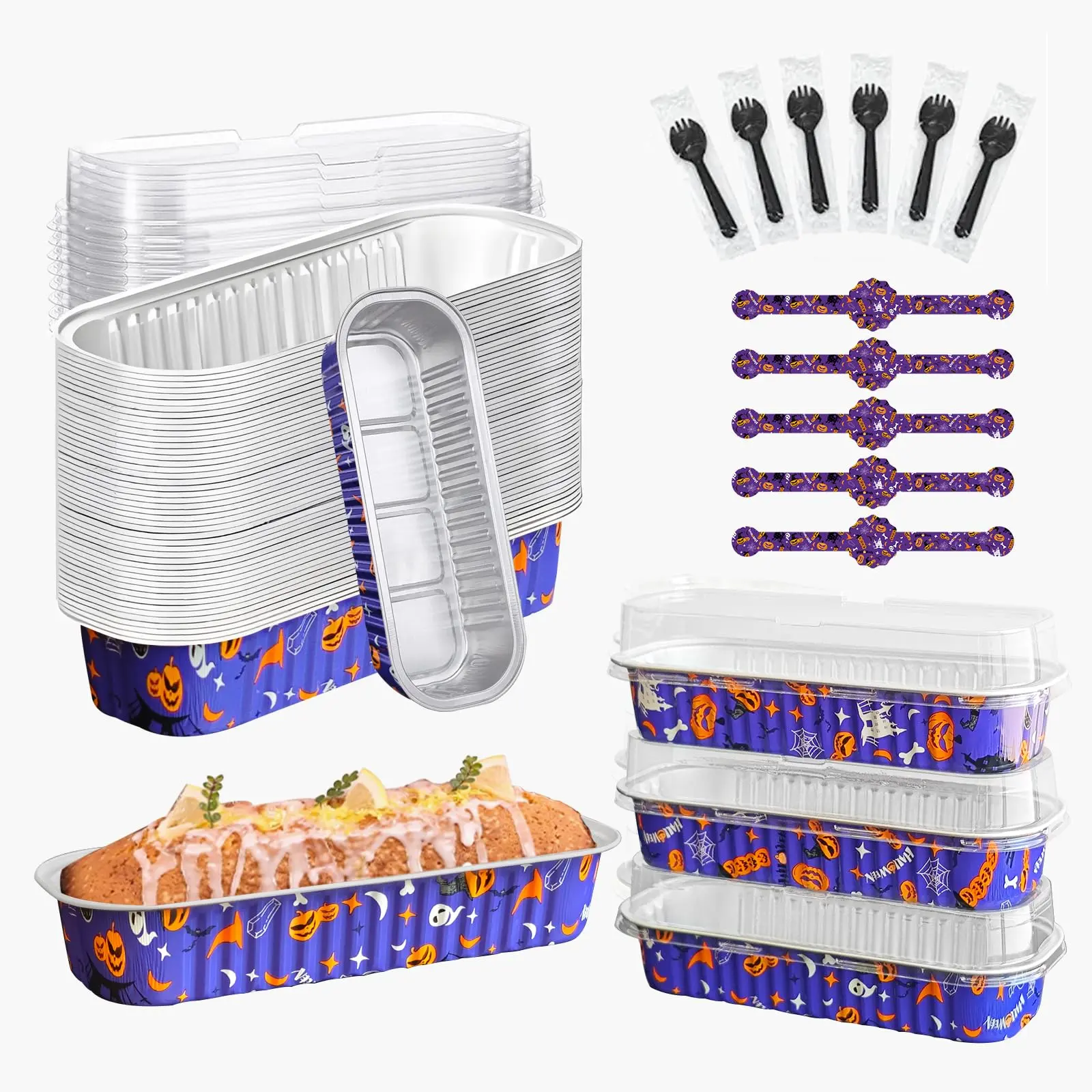 Mini Cake Pans With Lids And Spoons Of 2025 6.8 Oz Rectangle Individual Loaf Disposable Aluminum Foil Small Baking Cups Tins (100  Purple Halloween)