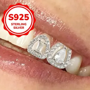 [Cool Rock Teeth Accessories] 925 Silver Hip-Hop Grillz |   Double-Layer Geometric Hollow Water Drop |   Trendy Kpop Jewelry for Women