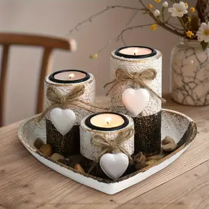 4pcs Heart Candlestick Set, Wooden Heart Candle Holder with Tea Light Stand, Cute Rope Bow, Decorative Stones, Perfect for Home Decor