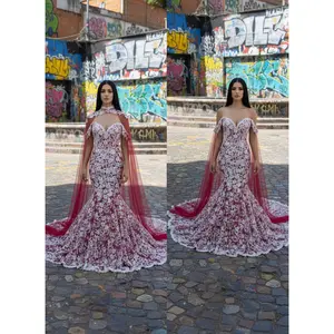 Lilith White and Dark Red Wedding Dress with the Cape , Gothic Dark Red Mermaid  Trumpet Wedding Dress, See Through White and Red Gown