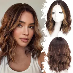 Dark Brown with Highlights Short Wavy Bob Glueless Synthetic Lace Front Wig for Women for Beginners 14 Inch