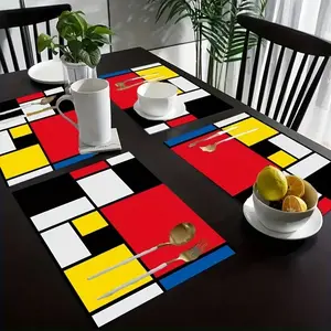 2D flat printing, 2-piece/4-piece/6-piece/8-piece set of black, red, yellow checkered home decor kitchen placemats, geometric pattern table mats, hot melt printed heat-resistant table mats, 12 X 18 inch table mats