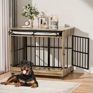 【Summervibes】46" Heavy Duty Indestructible Wooden Dog Crate with Wheels – Double Door Indoor Pet Kennel, Lift-and-Push Front Door, Reinforced Steel Bars for Extra Large Breed Dogs