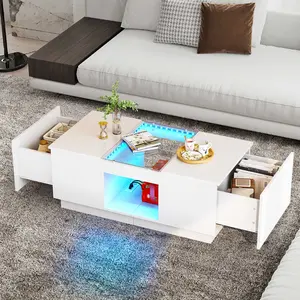 High Gloss Coffee Table Center Cocktail Table with LED Lights & Sliding Drawers