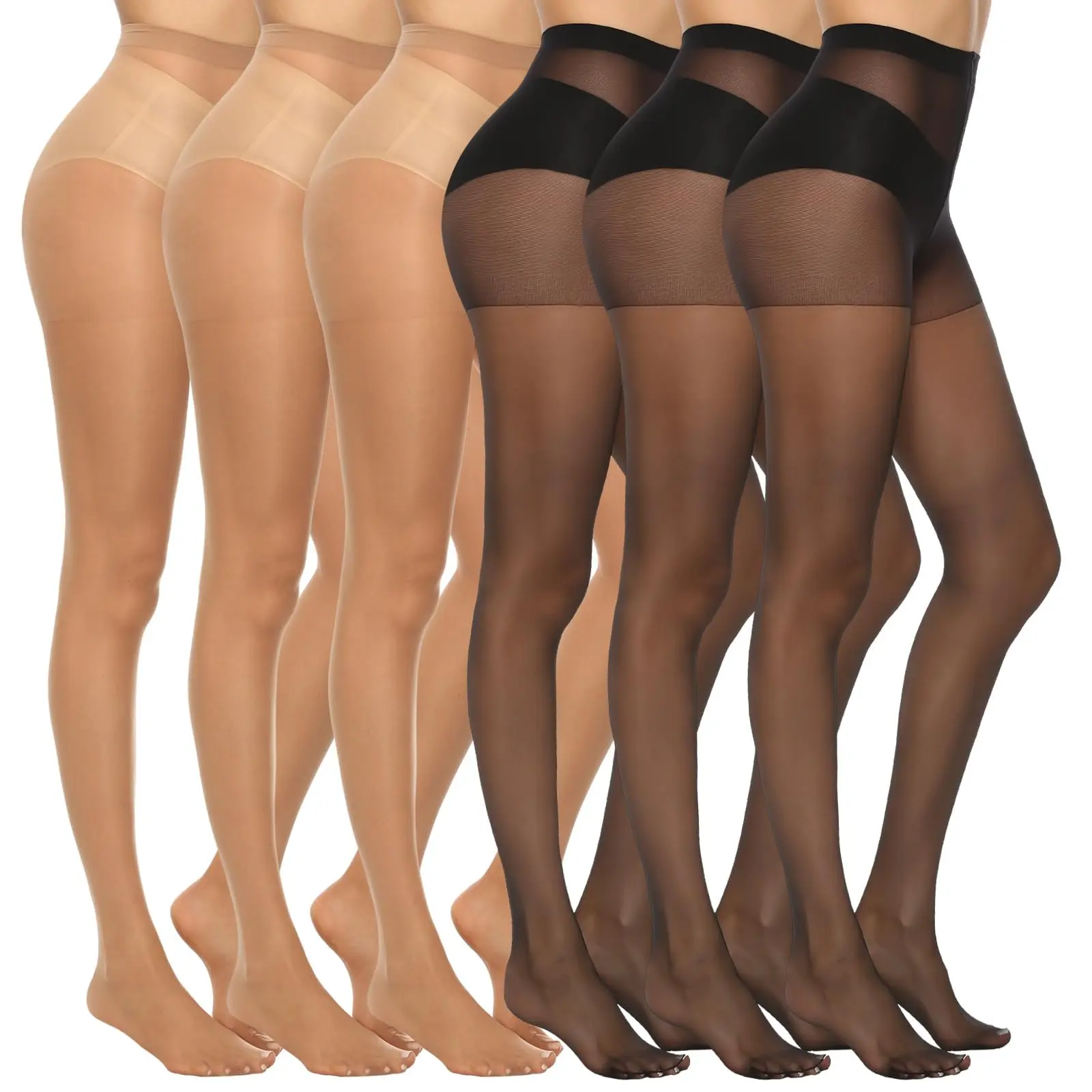 MANZI 6-Pack Women’s 20D Sheer Tights – High Waist Control Top Silky Nylon Stockings