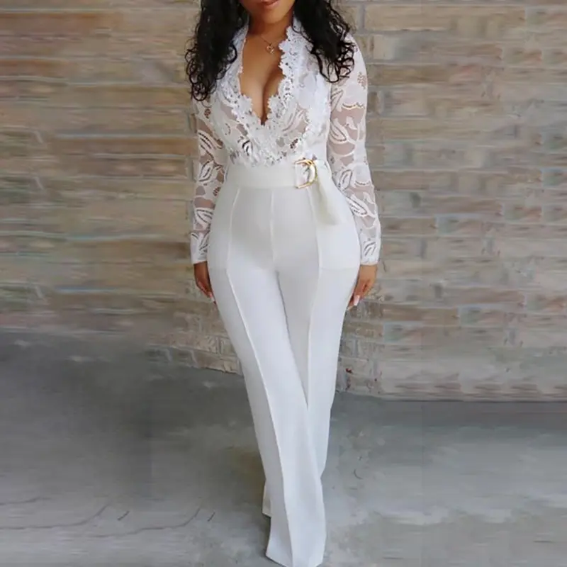 CHICME Womens Crochet Lace Trim Deep V-Neck Floral Lace SplicedOveralls Casual Zipper Back Wedding Guest Seam FrontJumpsuit with Belt