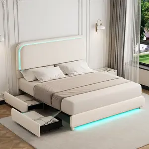 Sibeds Queen Size LED Bed Frame with 2 Drawers, Teddy Fleece Rounded Corner Upholstered Platform Bedframe with Headboard, Modern Style, No Box Spring Needed, Noise Free, Easy Assembly, Cream/Pink/Best Gift ldeas/Christmas Gifts