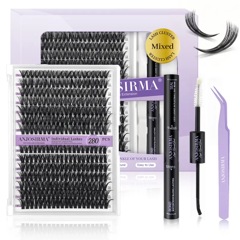 ANJOSIRMA Lash Extension Kit DIY 280pcs Lash Clusters Eyelash Extension Kit, 9-16mm 30D 40D Individual Lashes Kit with Lash Bond and Seal, Lash Tweezers
