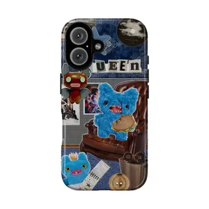 Fuggler Monster Lounge Phone Case, Blue Plush Sandwich Armchair Bat Creature Mohawk Denim Notebook QUEEN new moon Collage With Quirky Toybox Vibes, Play Now Aesthetic Gift, iPhone 16 15 14 13 12 11 Pro Max Plus X, Samsung Galaxy S25 S24 S23 S22 S21 Ultra