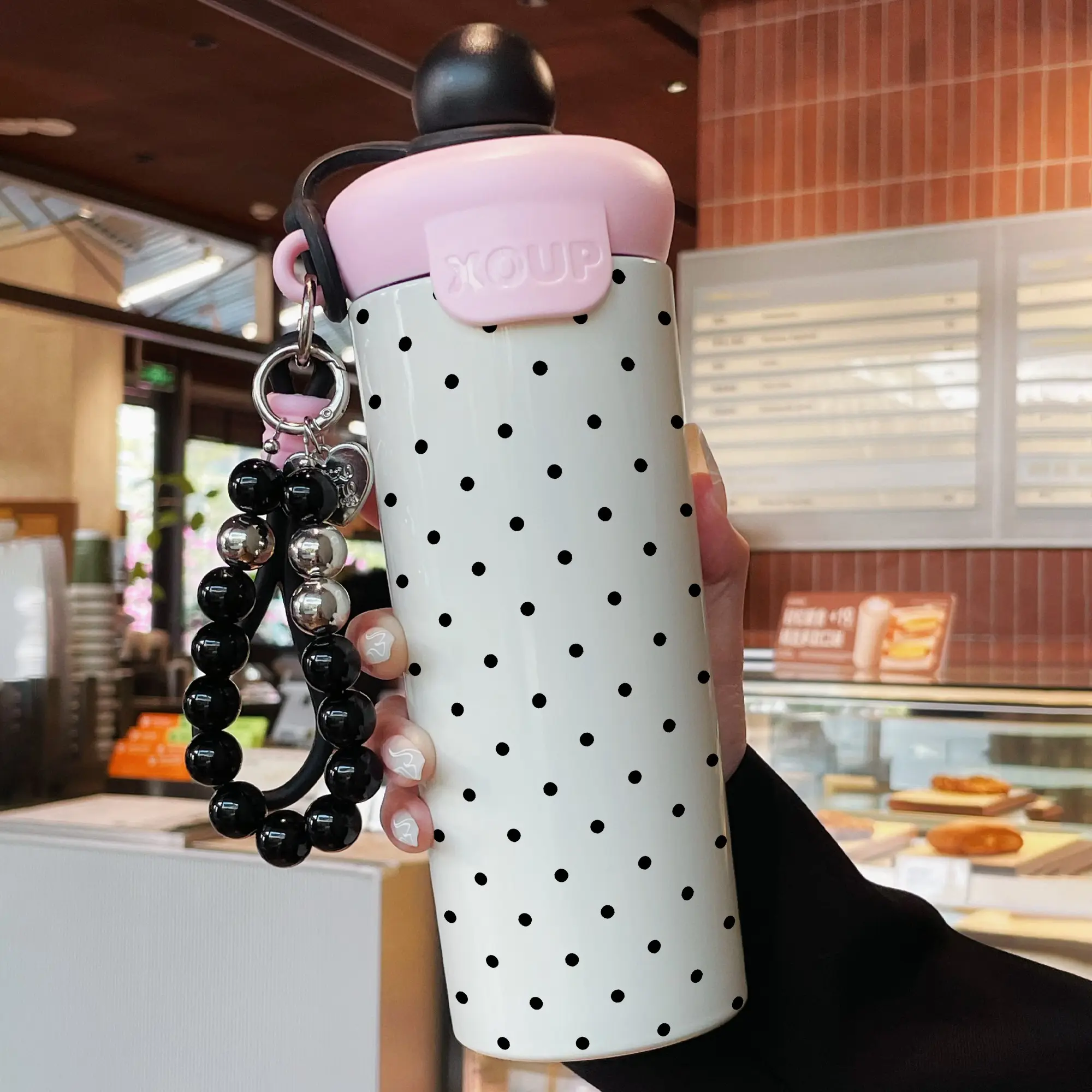 600ML Insulated Cup with Beaded Bracelet, Classic Polka Dot Pattern Stainless Steel Mug, Leak-Proof Durable Coffee Travel Cup, Vacuum Flask, Portable, Drinkware, Tumbler, Water Bottles, Leakproof Tumbler
