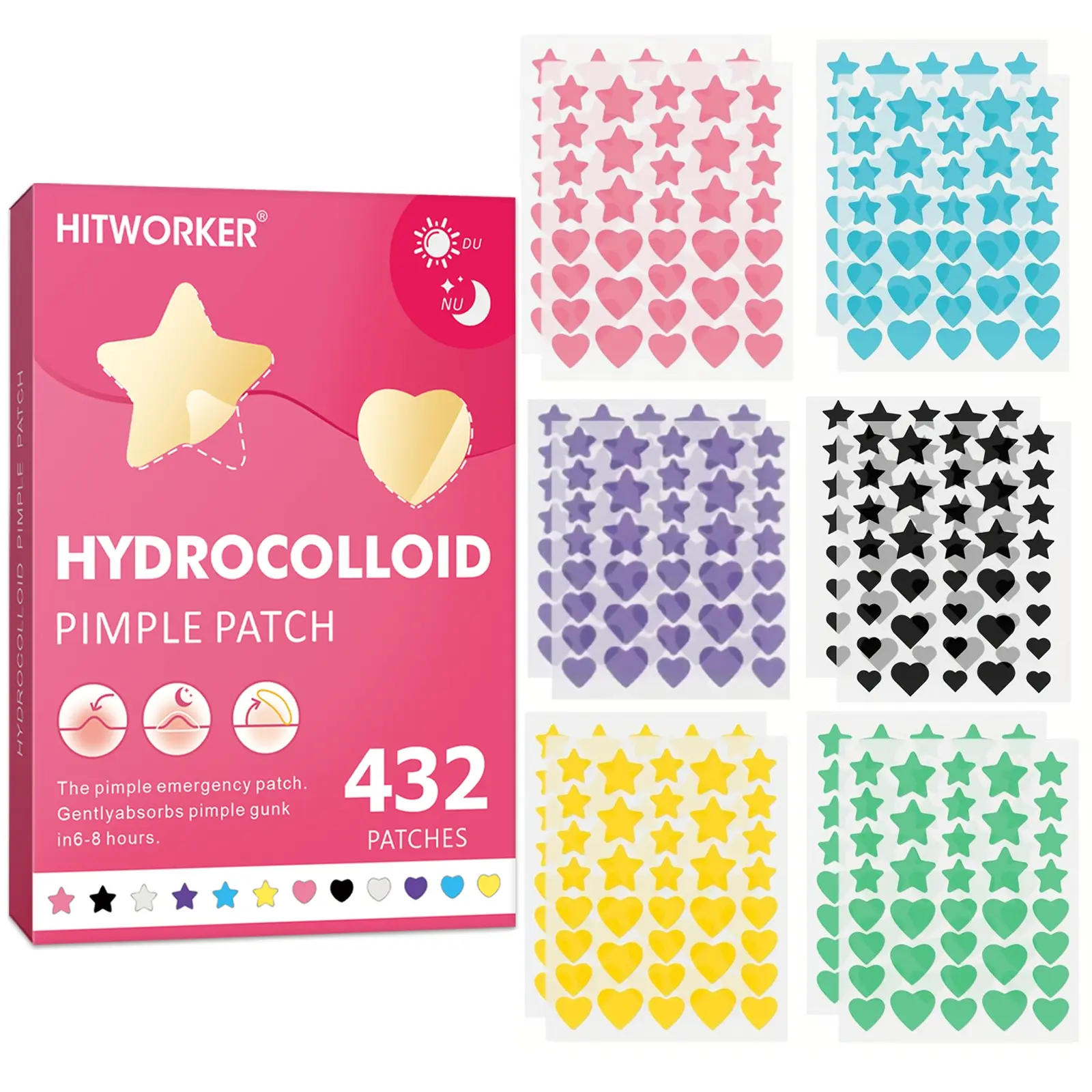 432 pieces/box of star and heart-shaped premium water-based acne patches, covering acne and blemishes, suitable for all skin types of facial skincare products