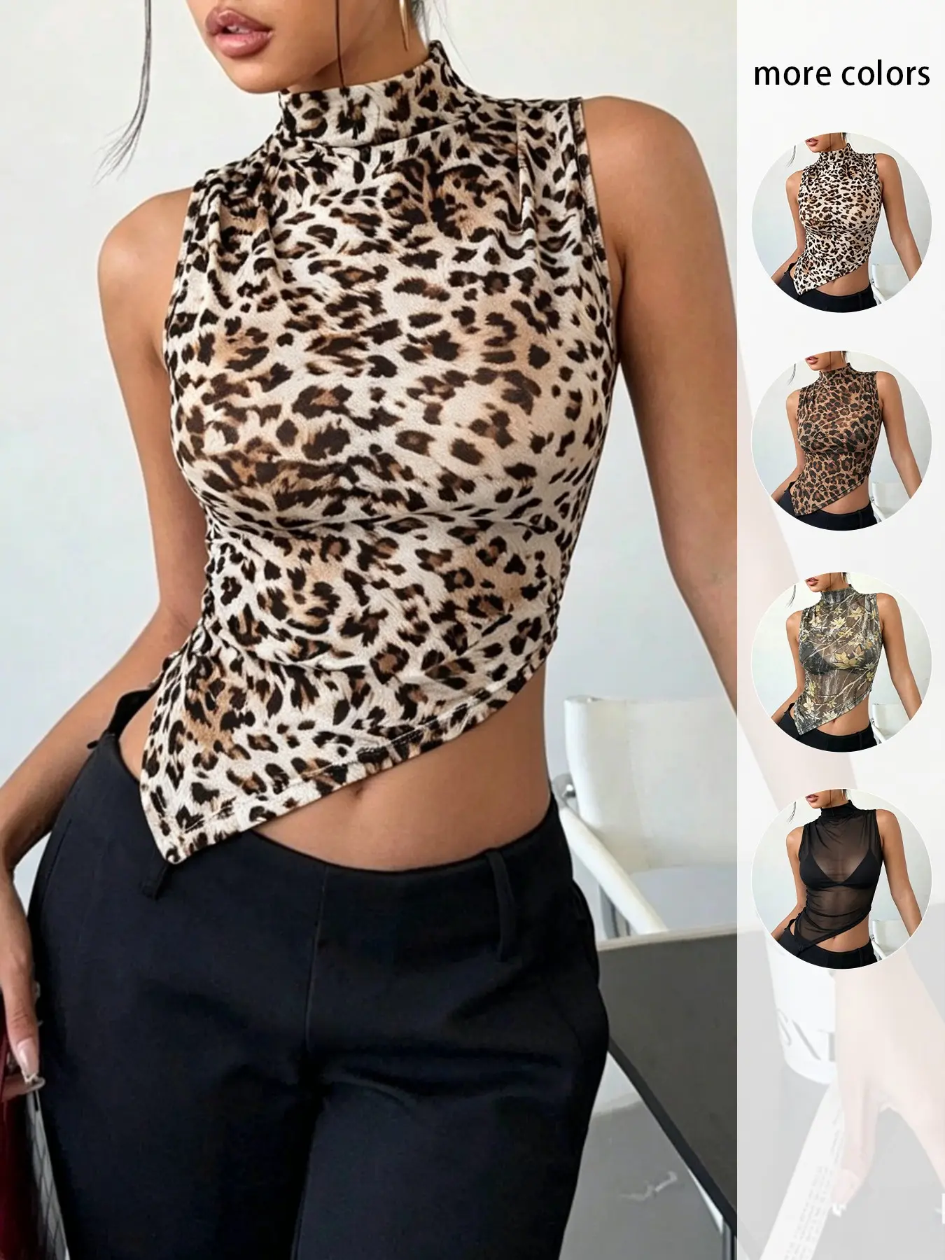 Women's Leopard Print Turtleneck Sleeveless Backless Top, Asymmetric Design, Slim Fit, Elegant Style, Party Office Wear, Casual Daily