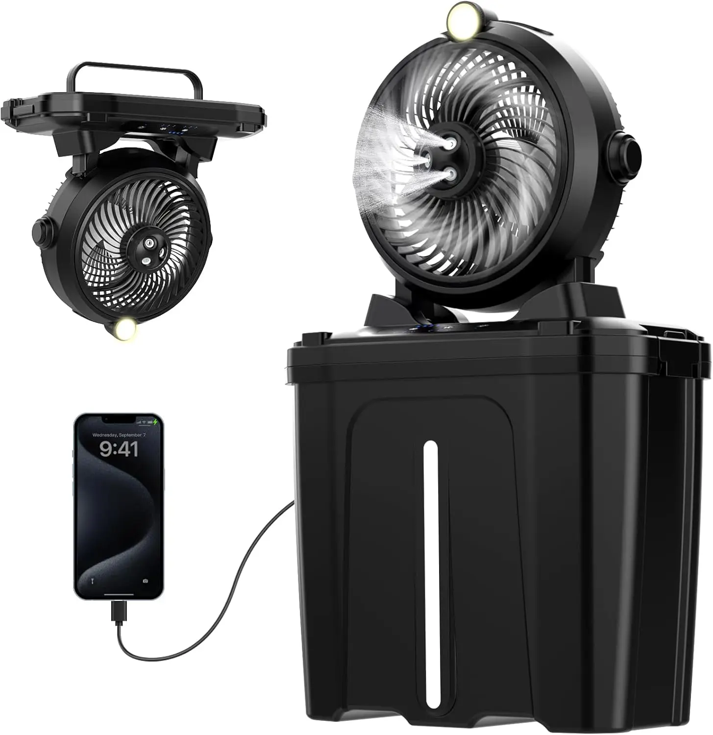 Misting Fan Portable with 11L Water Tank, 20000mAh USB Rechargeable Battery Mister Fan for Outdoor Patio, 3 Powerful Wind Speeds, 3 Spray Nozzles, Hanging & Lighting Camping Cooling Fans for Picnic