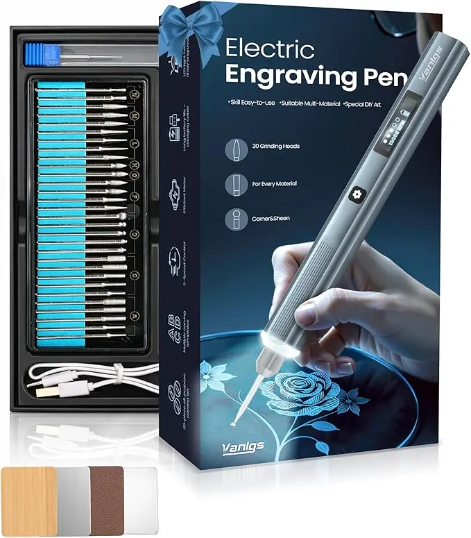 Dark Grey Premium Wireless Rechargeable Engraving Pen Kit with Batteries, LED Light, 5-Speed Adjustable Etching Tool, 31 Engraving Bits, Multipurpose for Metal Wood Glass Plastic, DIY Craft Gift for Beginners
