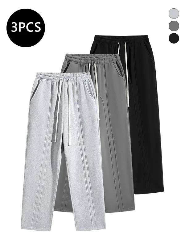Men’s 3-pack casual athletic sweatpants for spring/fall, high-street style, versatile baggy wide-leg joggers with contrast stitching and drawstring, loose fit, SohoChic
