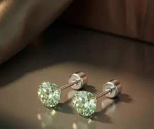 Dainty Circular Facet-Cut Green CZ Stud Earrings - Unisex, Copper Metal Coating, 1.6g Hypoallergenic Screw Back Piercing Jewelry - Daily Birthday Gift for Her#Summervibes