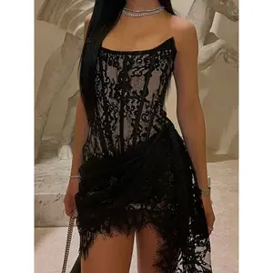 Women'sStraplessCorsetMiniDress-SexyLace&FloralPrintBodyconDresswithDrawstringBack,MachineWashableforCocktailPartyorStreetwearOutfits,CorsetDress,FormfittingSilhouetteSleeveFormal