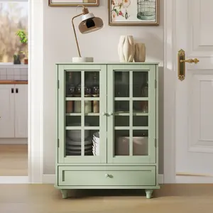 Green MDF Cabinet with 1-2 Shelves for Storage and Display Vintage Sage Green Glass Door Storage Cabinet with Drawer
