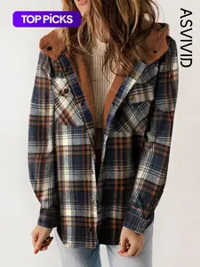 Women's Plaid / Houndstooth Print Button Front Hooded Coat, Casual Longsleeves Pocket Coat for Fall & Winter, Ladies Outerwear for Daily Wear, Womenswear, Plaid Jacket