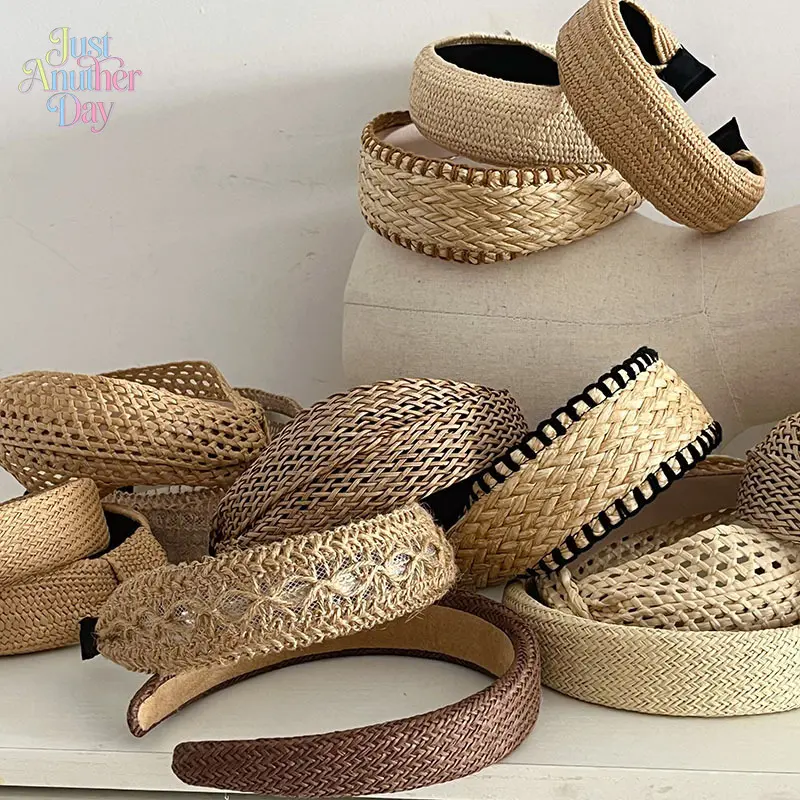 Boho Wide Brim Straw Woven Headbands, Handmade Rattan Knot Head Hoops for Women, High-Volume Hairbands for Vacation & Summer