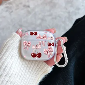 Cherry Bows Pattern TPU Soft Protective Case for Apple AirPods 4/3/2/1/Pro/Pro2 Transparent Earphone Cover with Keychain Attachment