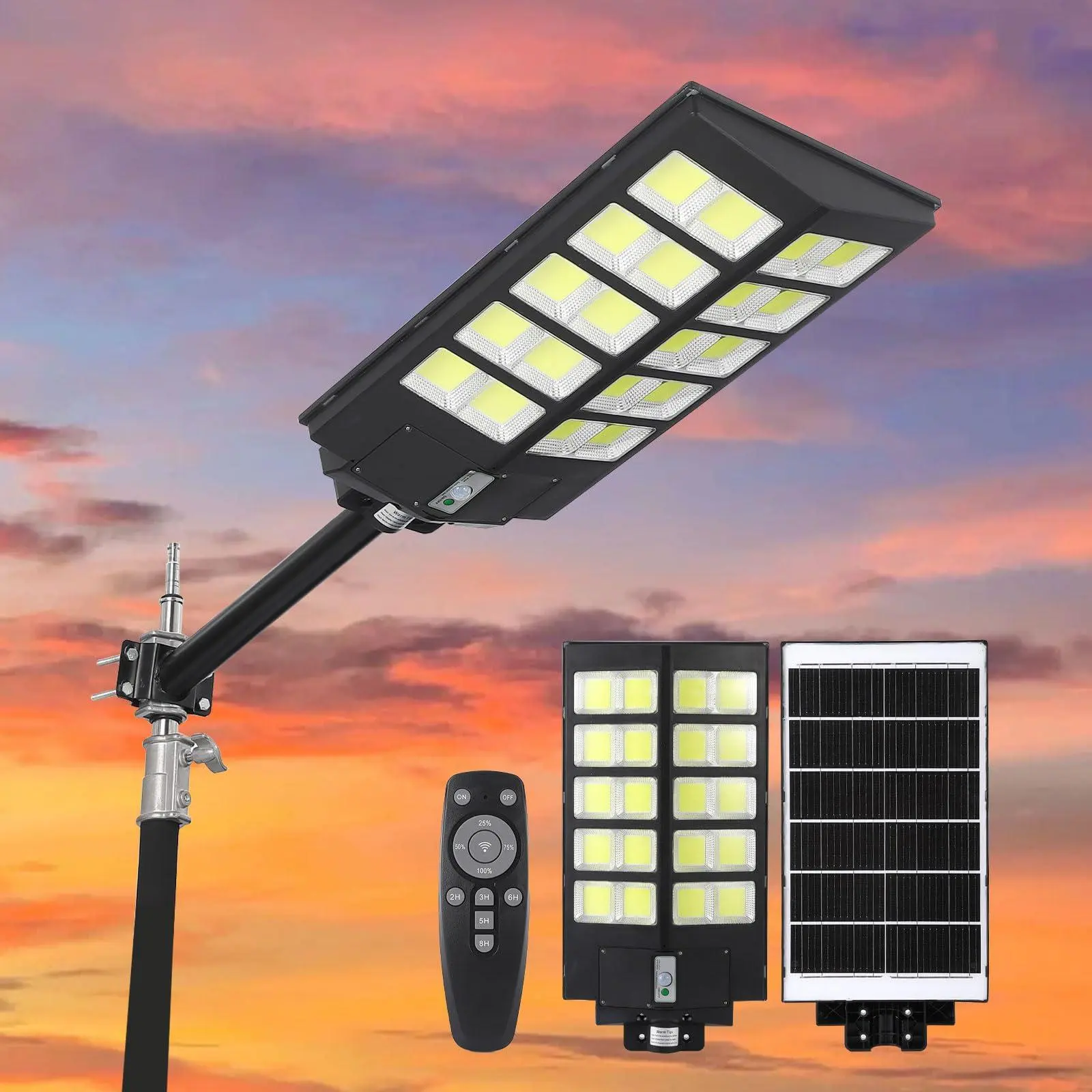 4800W Solar Street Lights Outdoor, IP67 Waterproof Outdoor Security Light w/Motion Sensor, Auto Dusk-to-Dawn 7000K Floodlight for Parking Lots, Basketball Courts, Commercial Areas, 1-Pack
