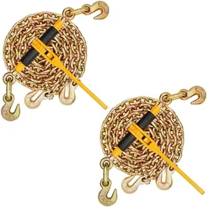 summervibes VEVOR Chain and Binder Kit, 3/8-1/2 Ratchet Load Binders 9200 lbs Working Load Limit, 3/8x 10' G80 Chains with Grab Hooks, Ratchet Binders and Chains for Truck, Tie Down, Hauling, Towing, 2 Set, Heavy Duty, Steel